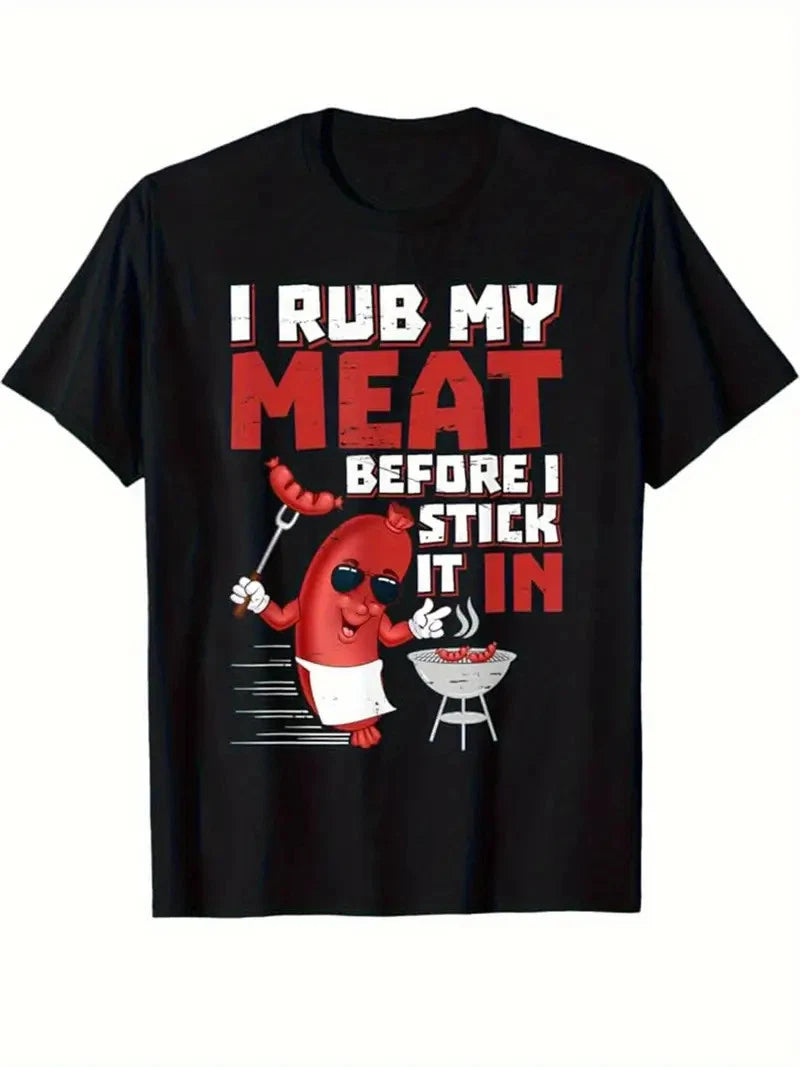 Men's Cotton Graphic T-Shirt with Funny BBQ Slogan & Cartoon Design - Black Crew