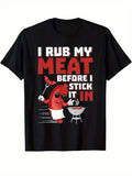 Men's Cotton Graphic T-Shirt with Funny BBQ Slogan & Cartoon Design - Black Crew