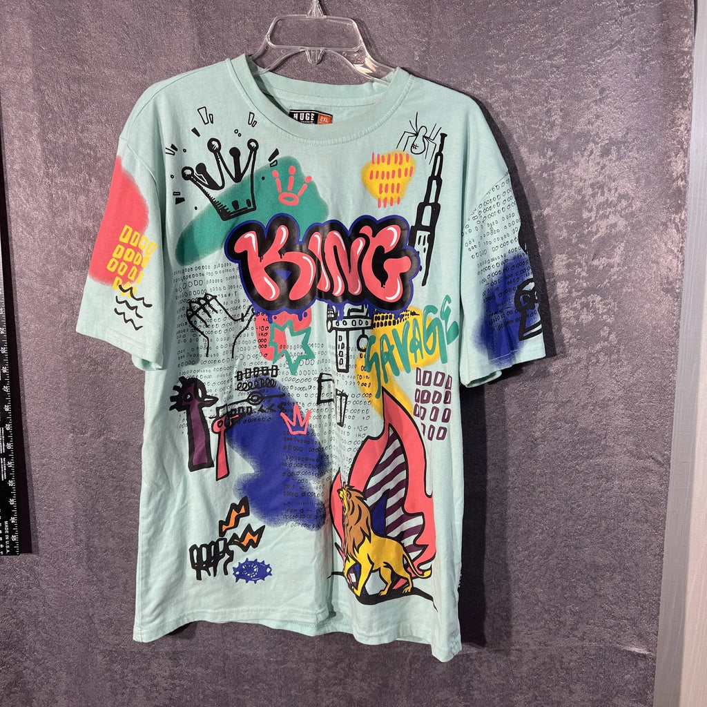 HUGE Fashion Exchange Men's 2XL Aqua Graffiti King Savage Graphic T-Shirt Cotton