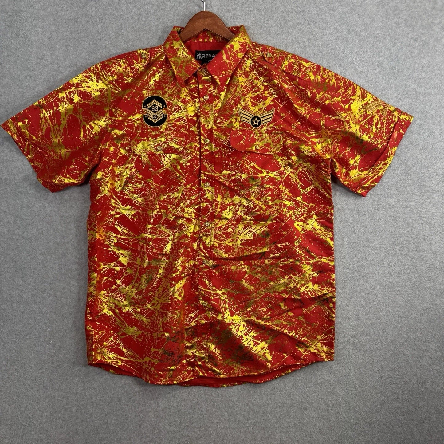 VTG Red Ape Gold Splatter Button Up Shirt 2XL Red Metallic Paint Y2K Streetwear