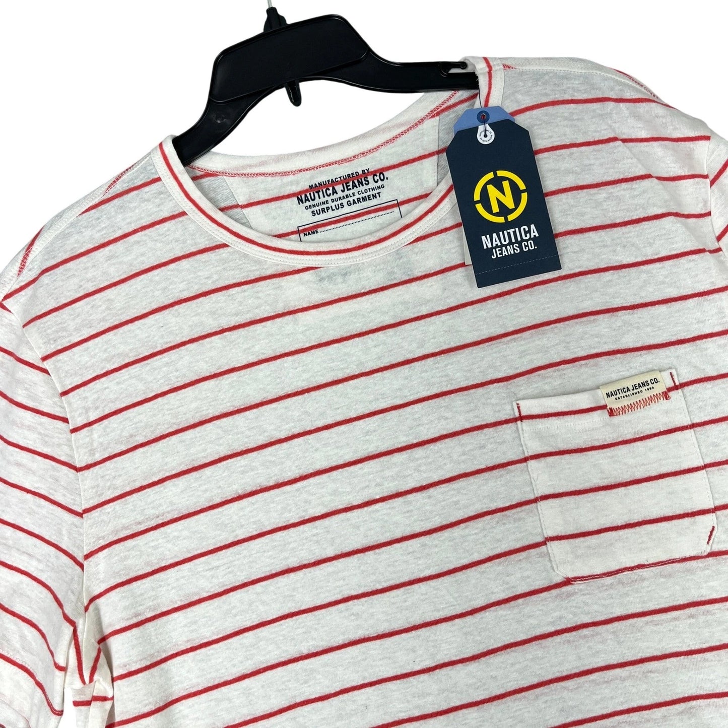 Nautica Jeans Co Linen Shirt Mens L Nautical Coastal Summer Striped Pocket Tee