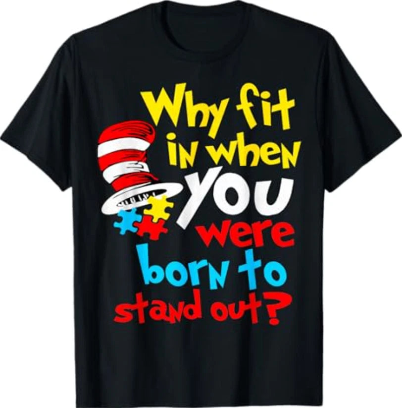 Why Fit in Doctor Teacher Cat in Hat Cool Autism Awareness T-Shirt