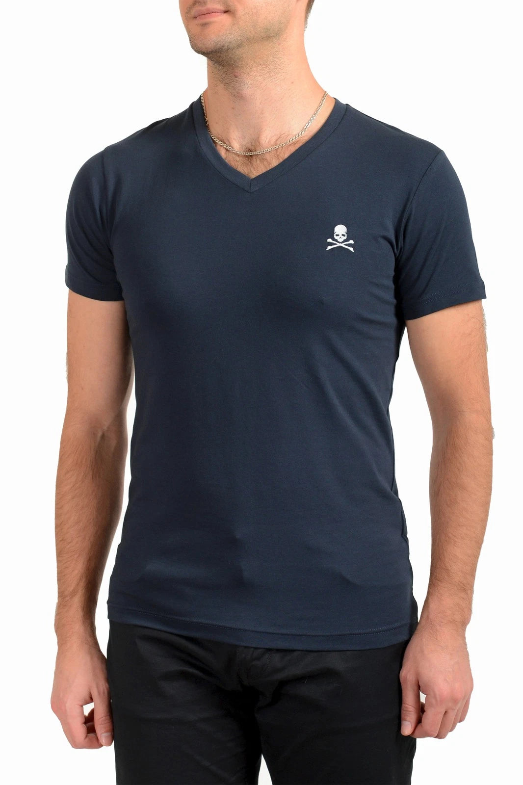 Philipp Plein Men's Navy Blue Short Sleeve Logo Print V-Neck T-Shirt US M IT 50