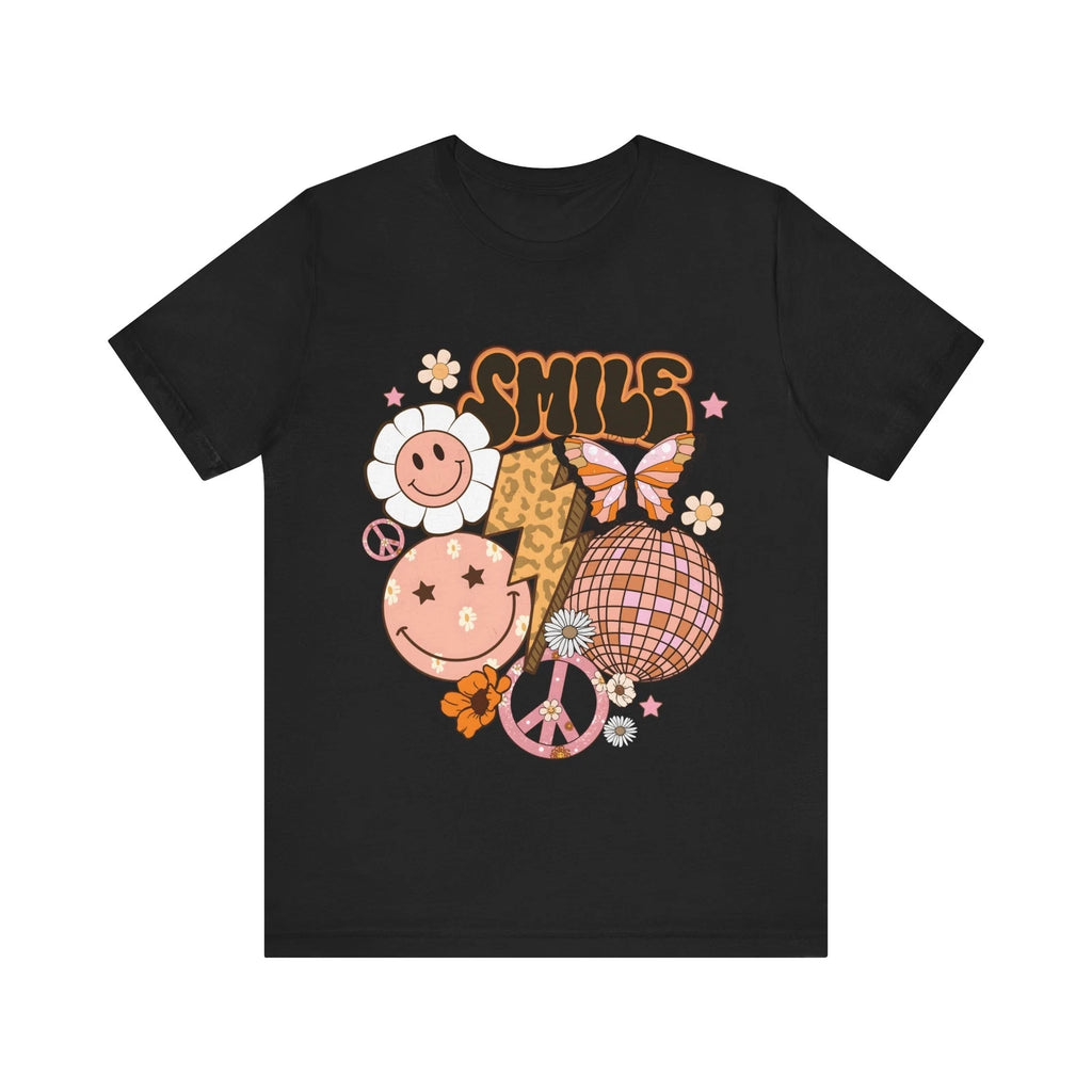 Retro Smile Face Boho Tee Flowers Peace Sign Butterfly Leopard Print T-Shirt