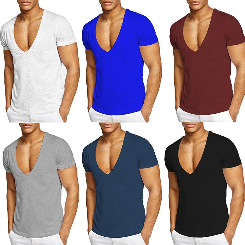 Men's Short Sleeve Deep V Neck T Shirt Cotton Slim Fit Clubwear Office Tops