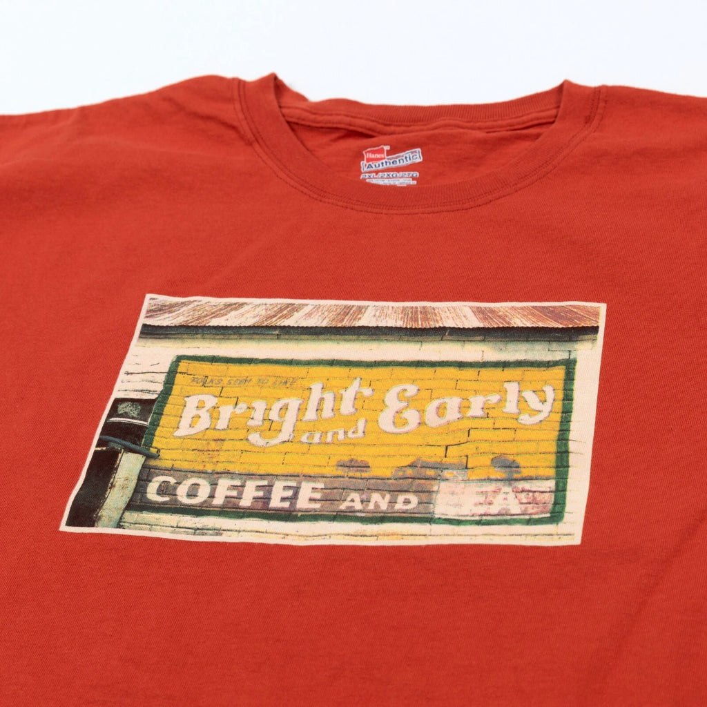 Vintage Bright & Early Coffee Tea Photo T-Shirt 2XL Rust Graphic Retro EUC