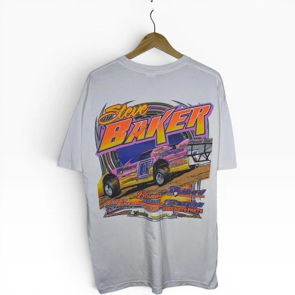 Vintage Y2K Steve Baker White Graphic Race tee 2000s Retro Men's XL Streetwear