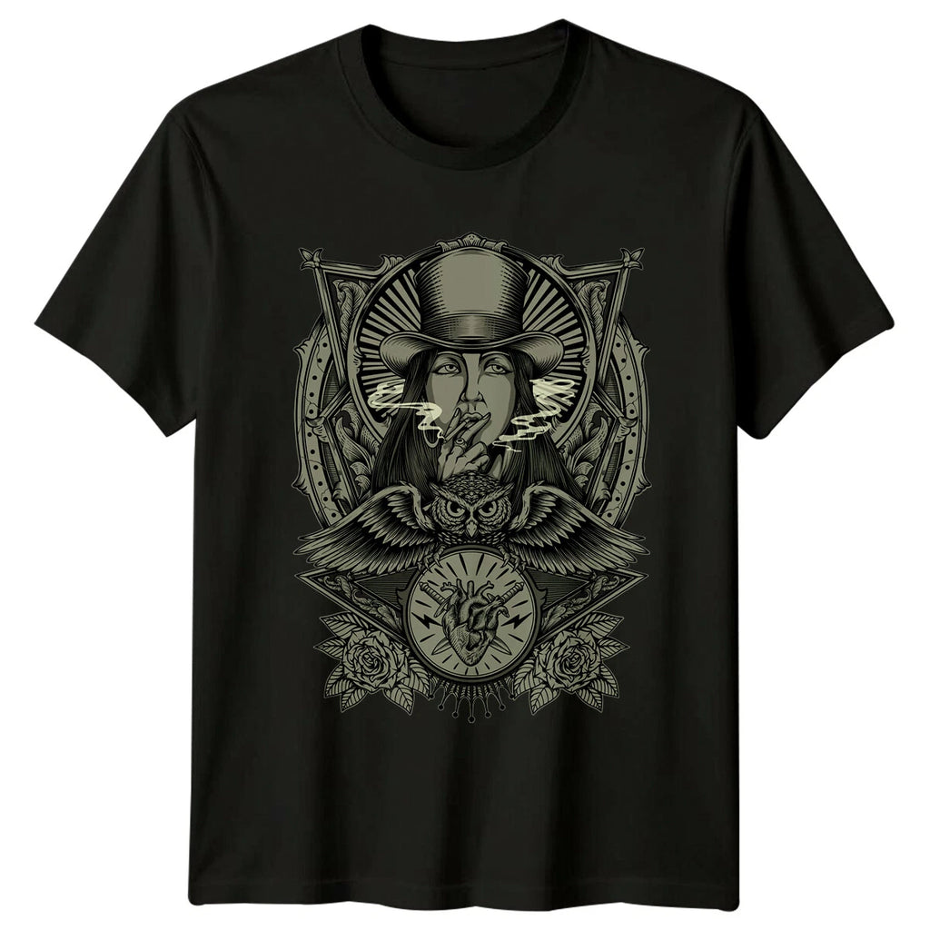 Smoking Lady With Owl Art Graphic Tee Mens Womens Unisex T-Shirt Top