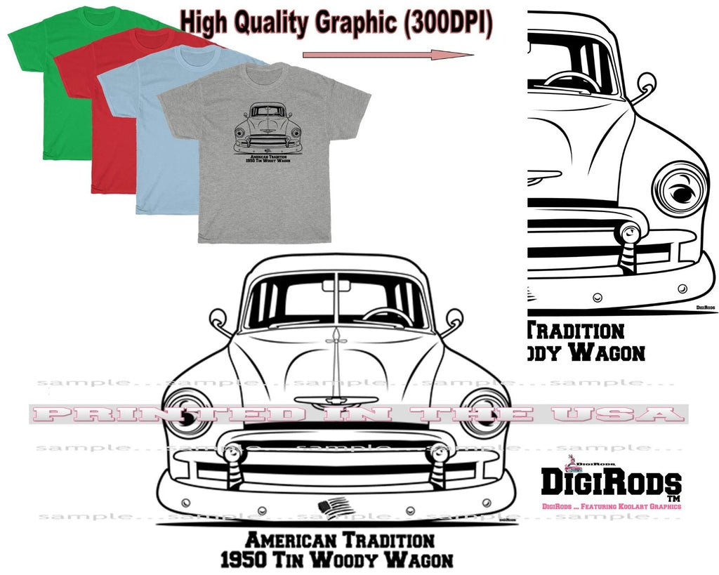 Tin Woody Wagon 1950 American Tradition Outline DigiRods Cartoon Car T Shirt