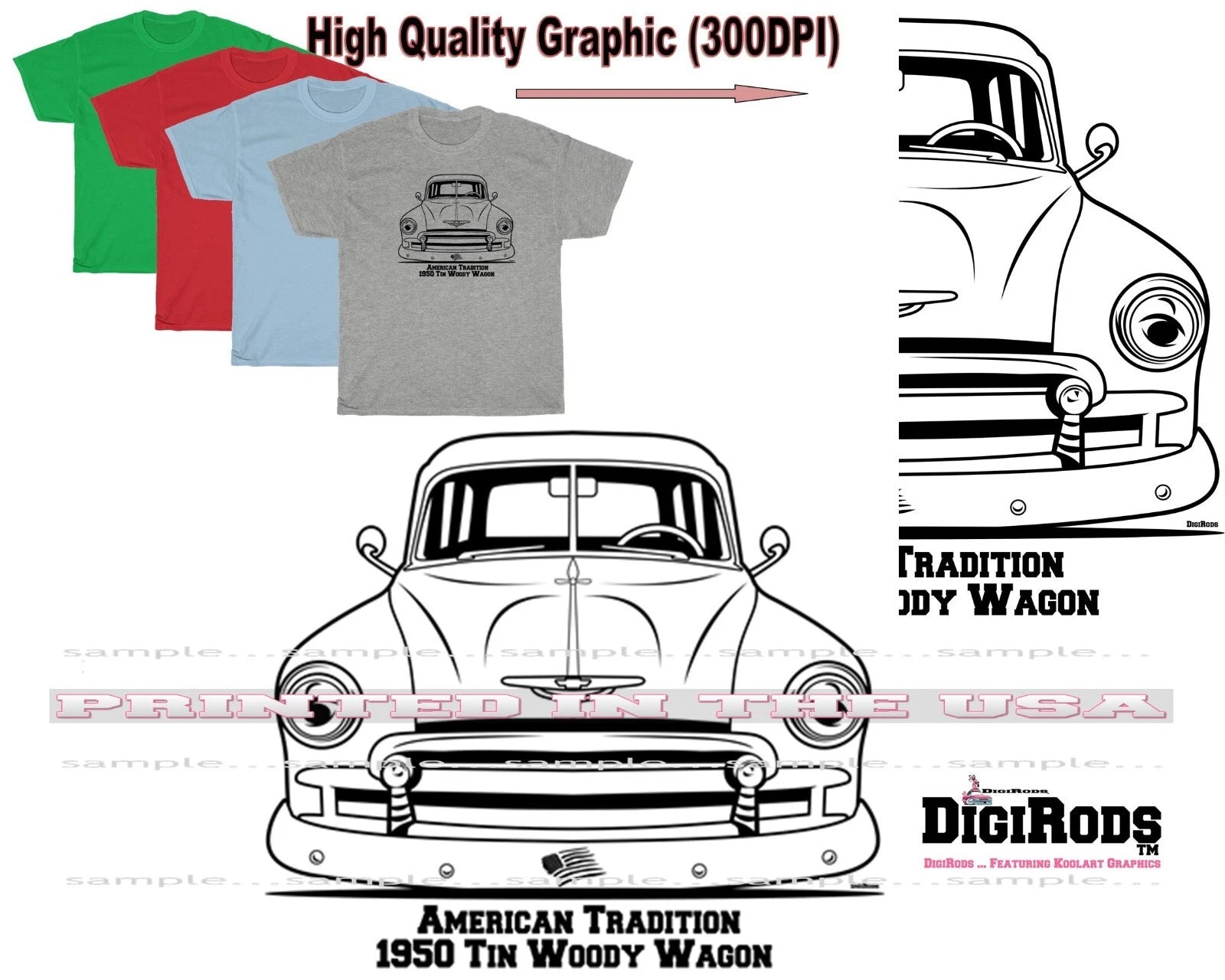 Tin Woody Wagon 1950 American Tradition Outline DigiRods Cartoon Car T Shirt