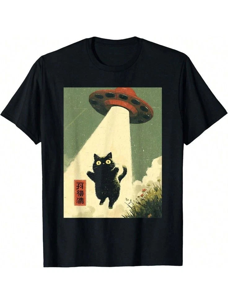 UFO Cat Abduction Funny Alien Aesthetic Graphic T shirt
