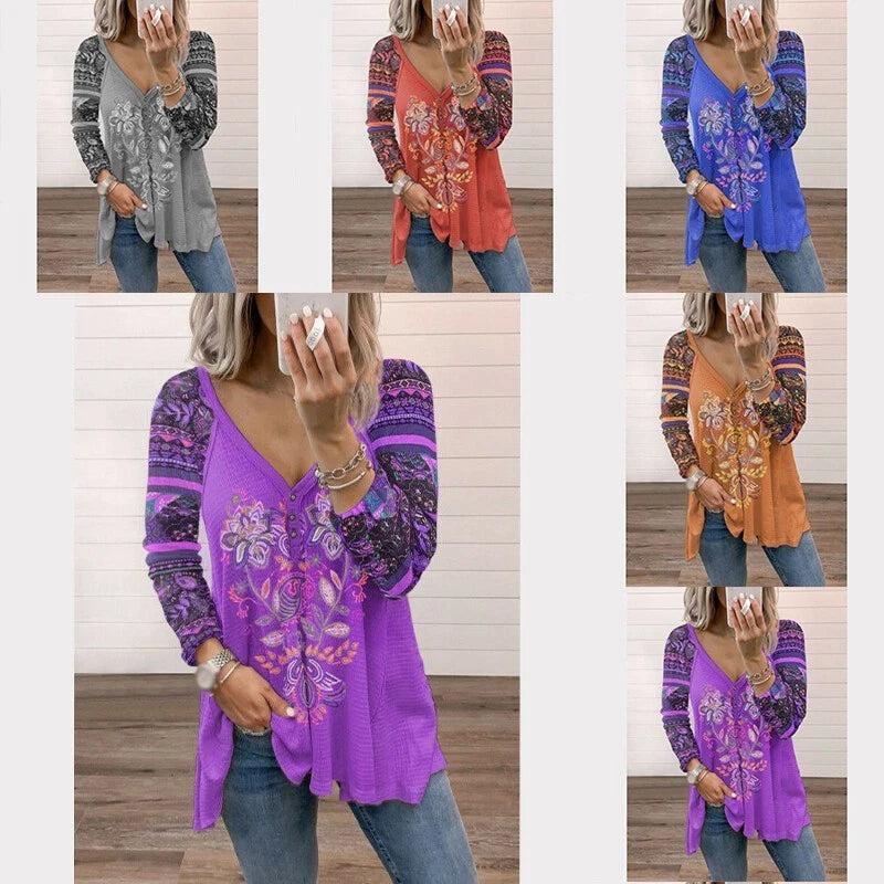 Tops V-Neck Boho T-Shirt Ladies Long Sleeve Plus Size Womens Casual Blouse Tee