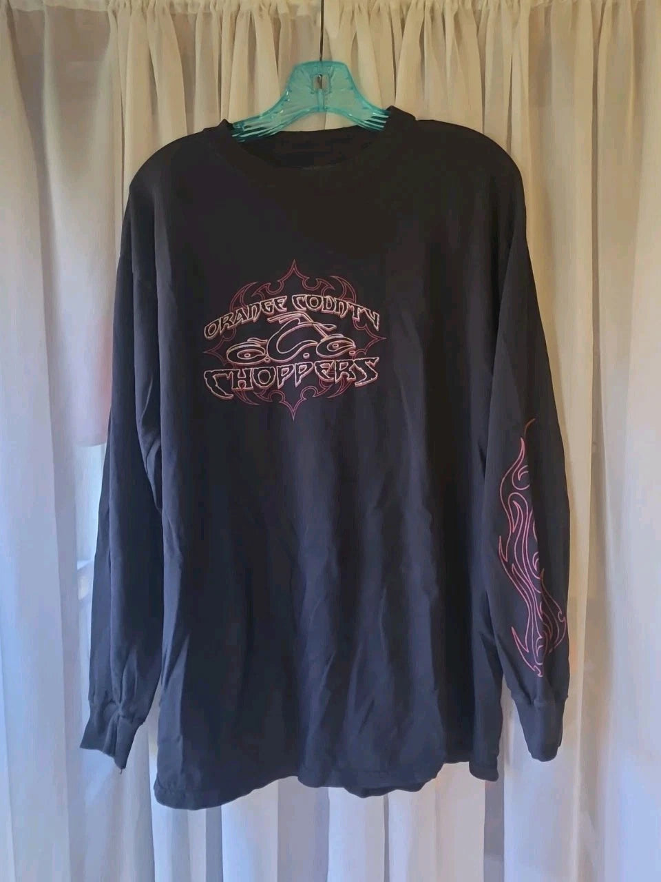 Orange County Choppers Shirt Men L Black Y2K Flames Biker Long Sleeve
