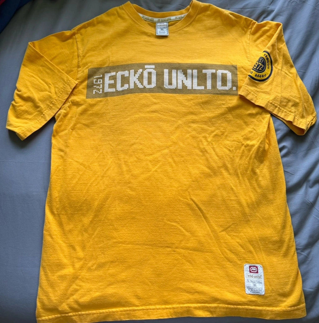 Y2K Ecko Unltd. “World famous rhino brand” sleeve hit yellow shirt (Size Medium)