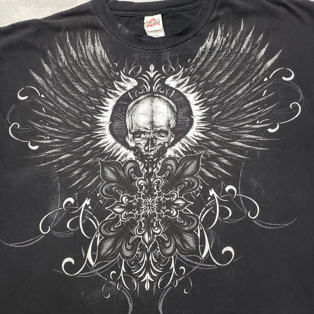 Vintage AAA Skull Shirt Mens Large Black Y2k Short Sleeve Grunge Skate