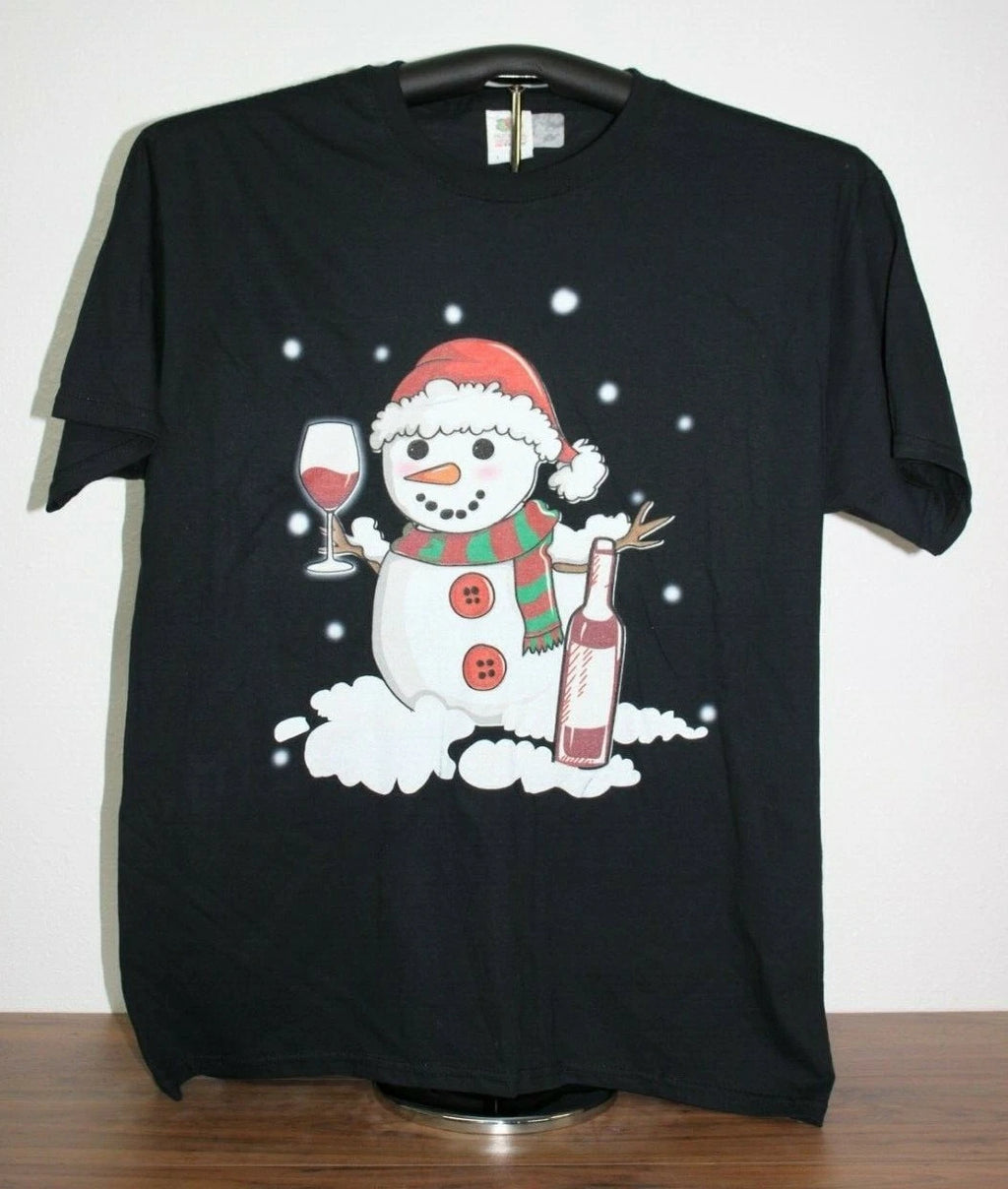 Snowman Drinking Wine T-Shirt  Large, Black