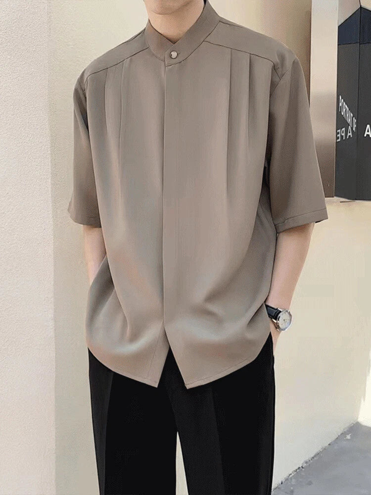 Hot Mens Casual Short Sleeve Shirt Stand Collar Shirts Tops Street Blouses