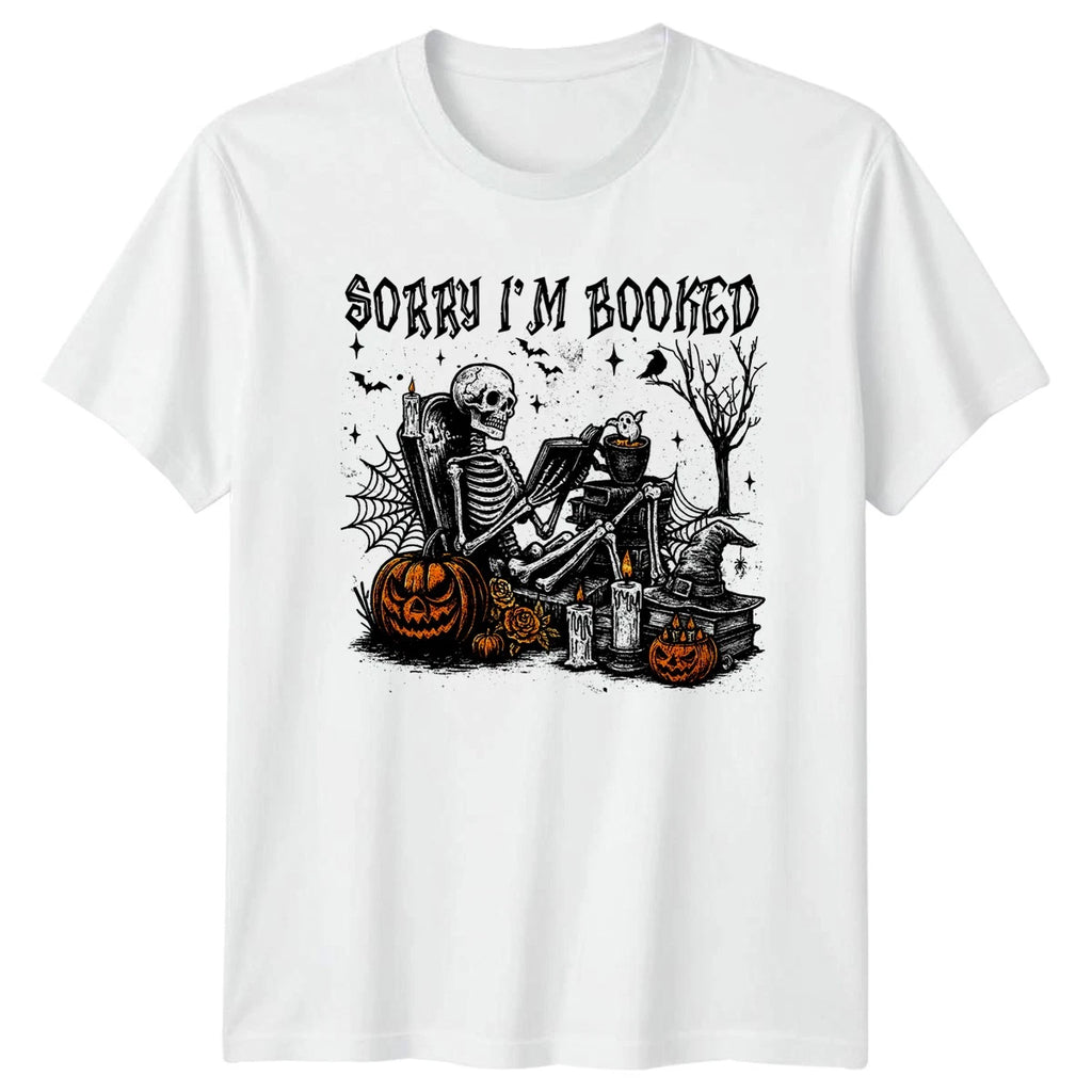 Sorry Im Booked Skeleton Reading Halloween Mens Womens Graphic Tee