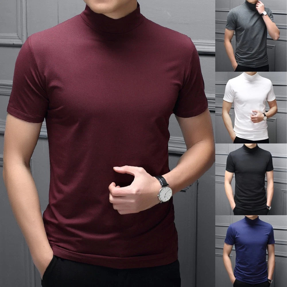 Stylish Men's Mock Neck Short Sleeve Top Blouse Tshirt Pullover Basic Tee