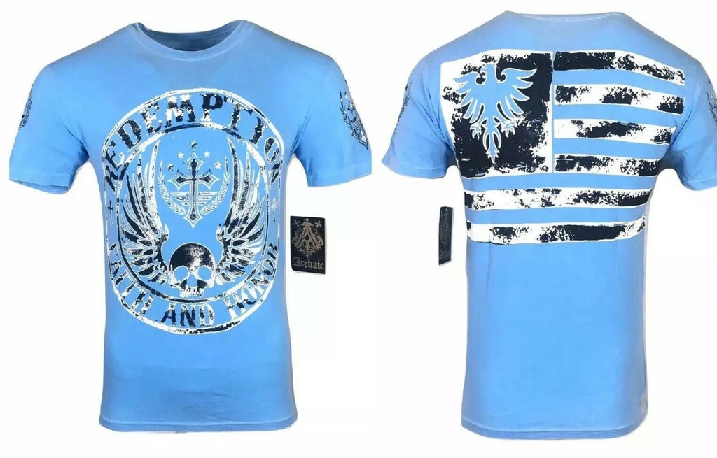 ARCHAIC by AFFLICTION Men's T-Shirt CROSSED DEATH Blue Biker S-4XL $40 NWT