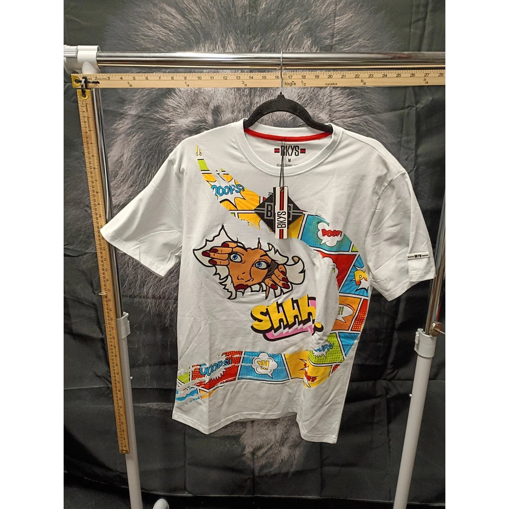 BKYS Mens White Comic Book Pop Art Graphic T-Shirt Short Sleeve Size M New