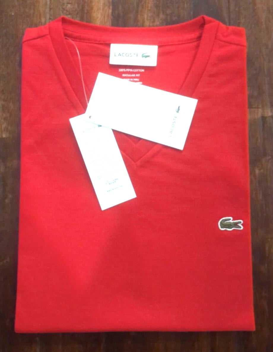 LACOSTE RED V-NECK T-SHIRT SIZE LARGE