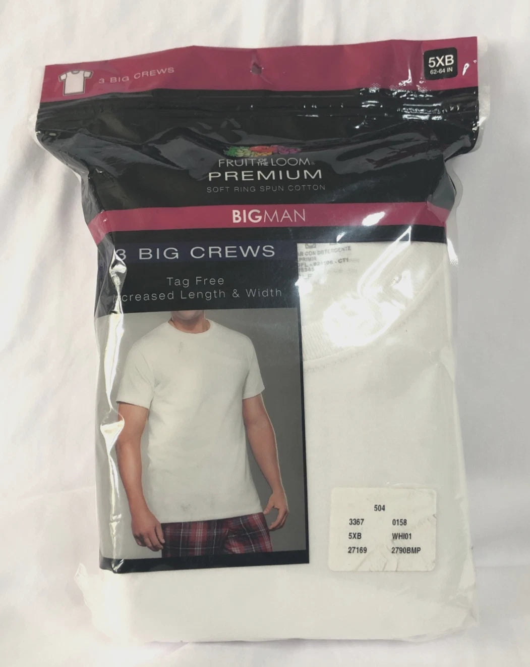 NEW Fruit Of The Loom 3 Pack White Big Man 5XB 62-64 In Crew Neck T-Shirts FOTL