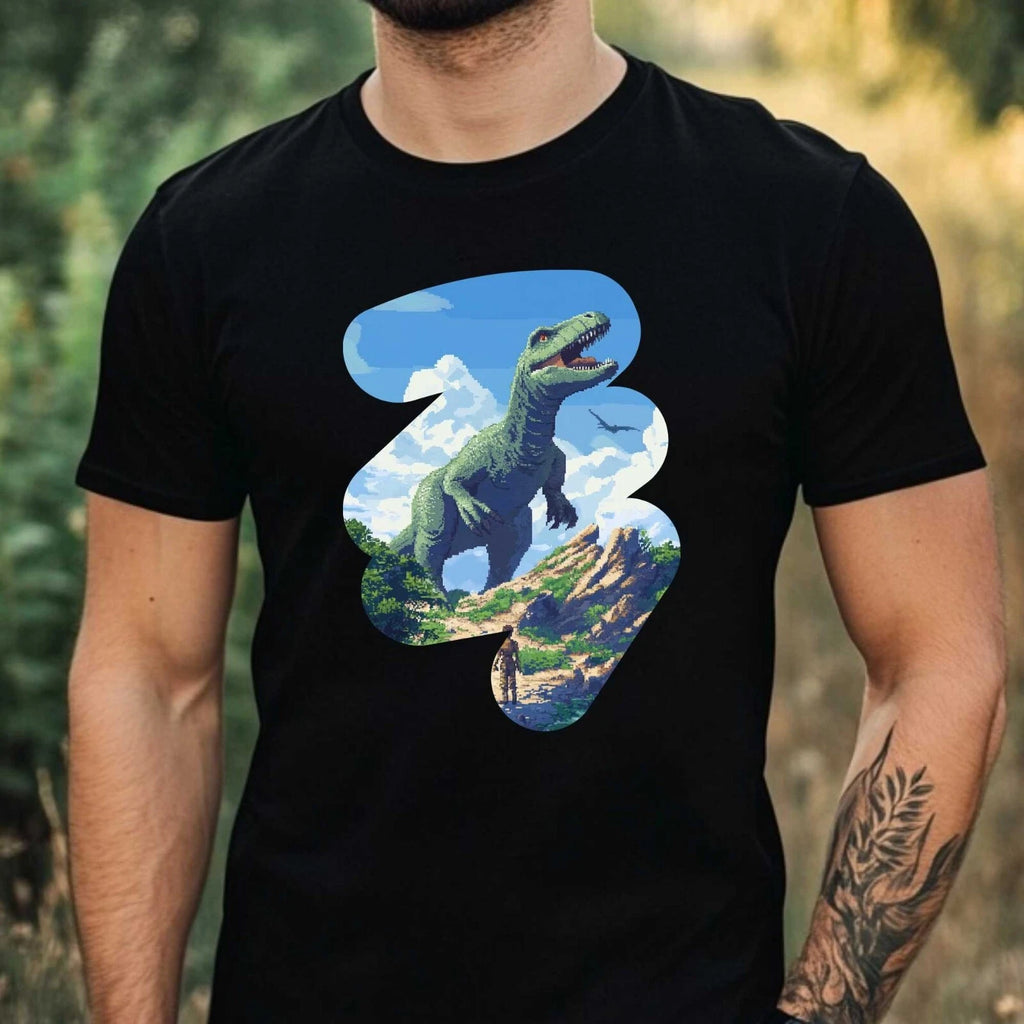 Mens Dino Pixel Art Motif Cotton T-Shirt Size XS to 5XL