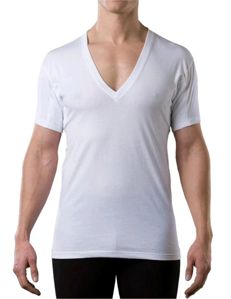 ×2 Men's Sweatproof Undershirt with Sweat Pads Cotton Deep V Neck White Medium