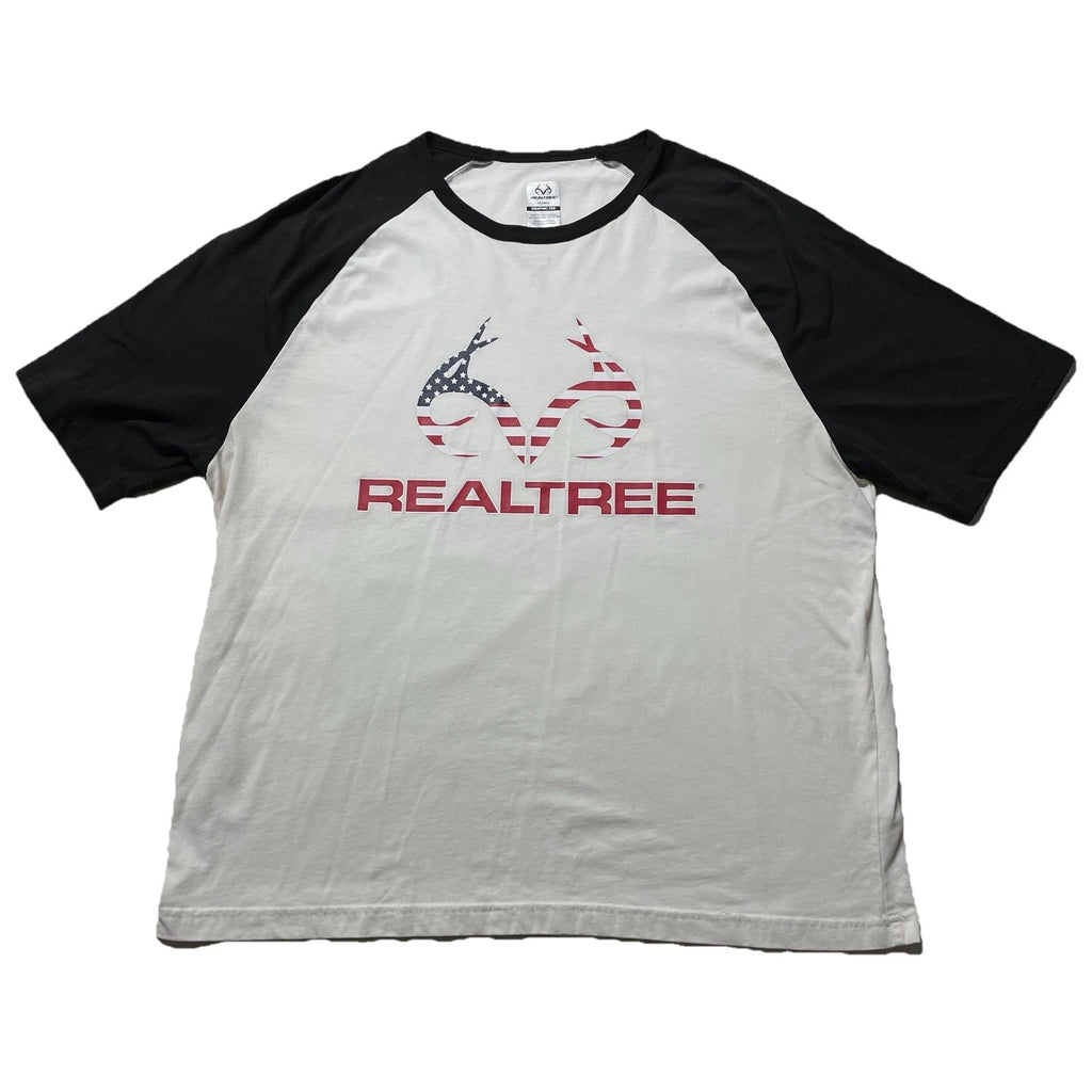 Realtree T-Shirt Men’s XL White Logo American Flag Hunting Outdoors Fishing Dad