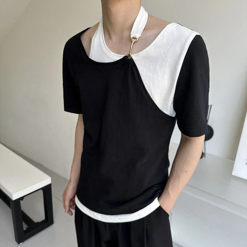 Mens New Splicing design Summer short sleeve Leisure Punk Black T-shirt 1pc