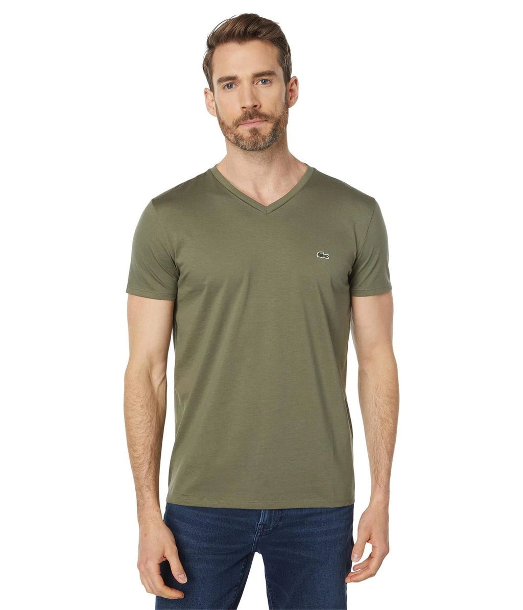 Lacoste Mens Short Sleeve V-Neck Pima Jersey Tee Shirt, Khaki Green
