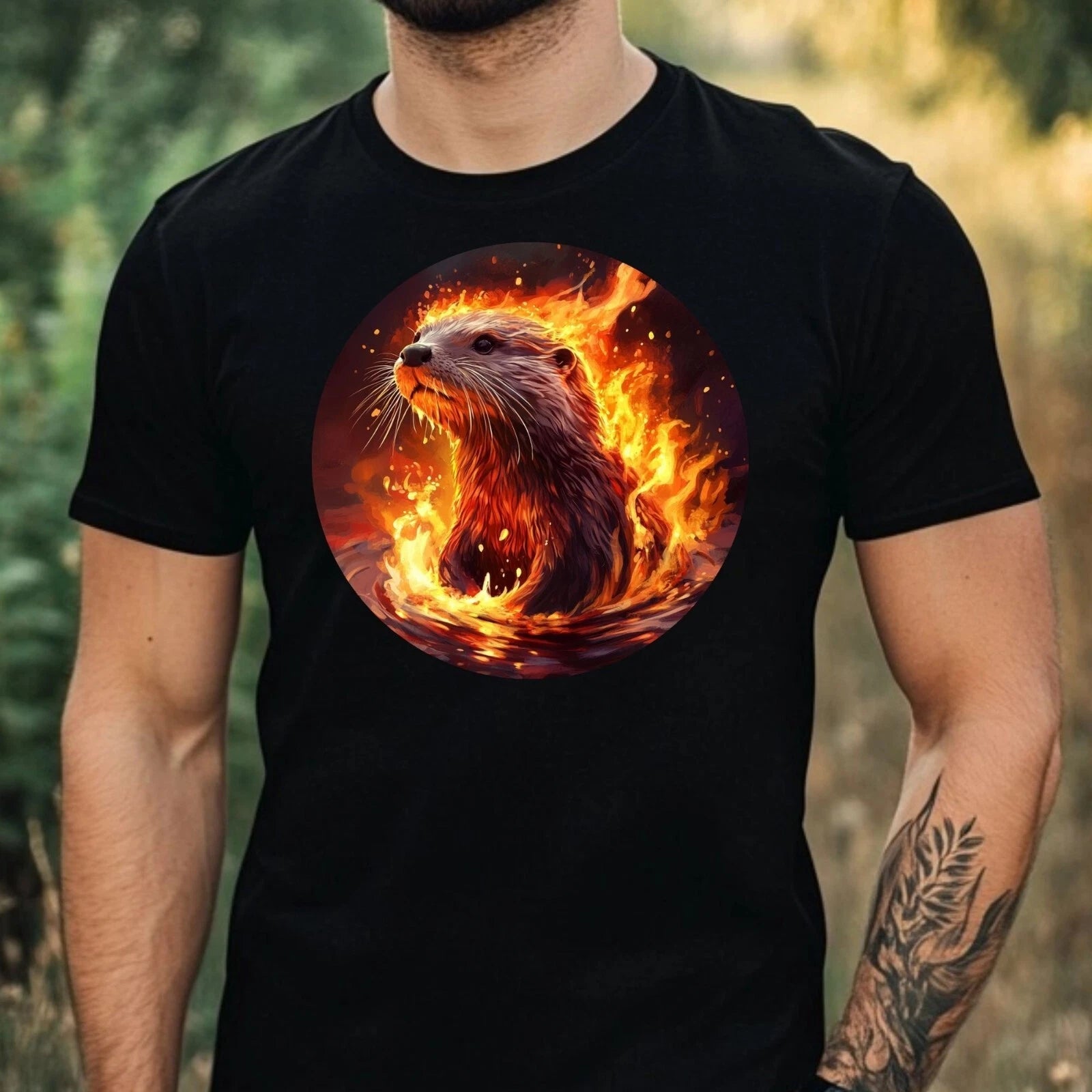 Mens Otter on Fire Motif Cotton T-Shirt Size XS to 5XL
