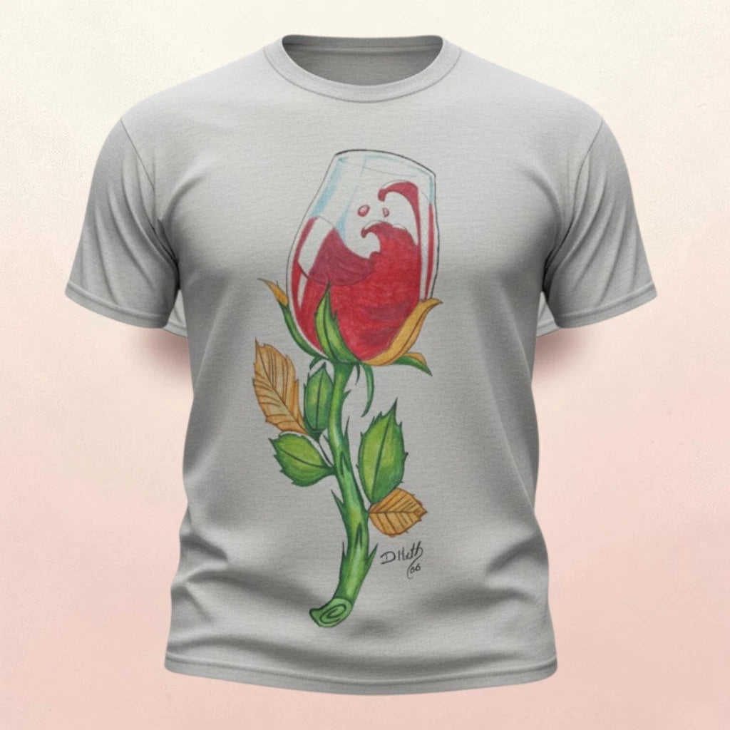 Hand Painted Wine Glass Rose T‑Shirt – Men’s Large | Unique Wearable Art
