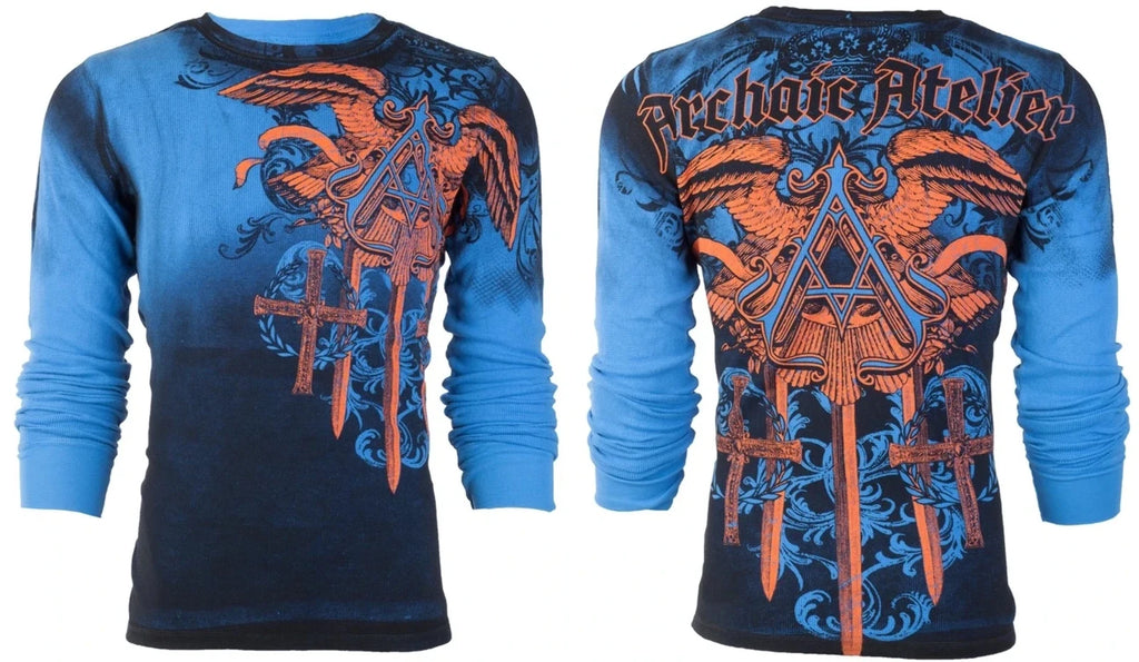 ARCHAIC by AFFLICTION Men's Long Sleeve THERMAL Shirt DAVENTRY Biker Blue $58