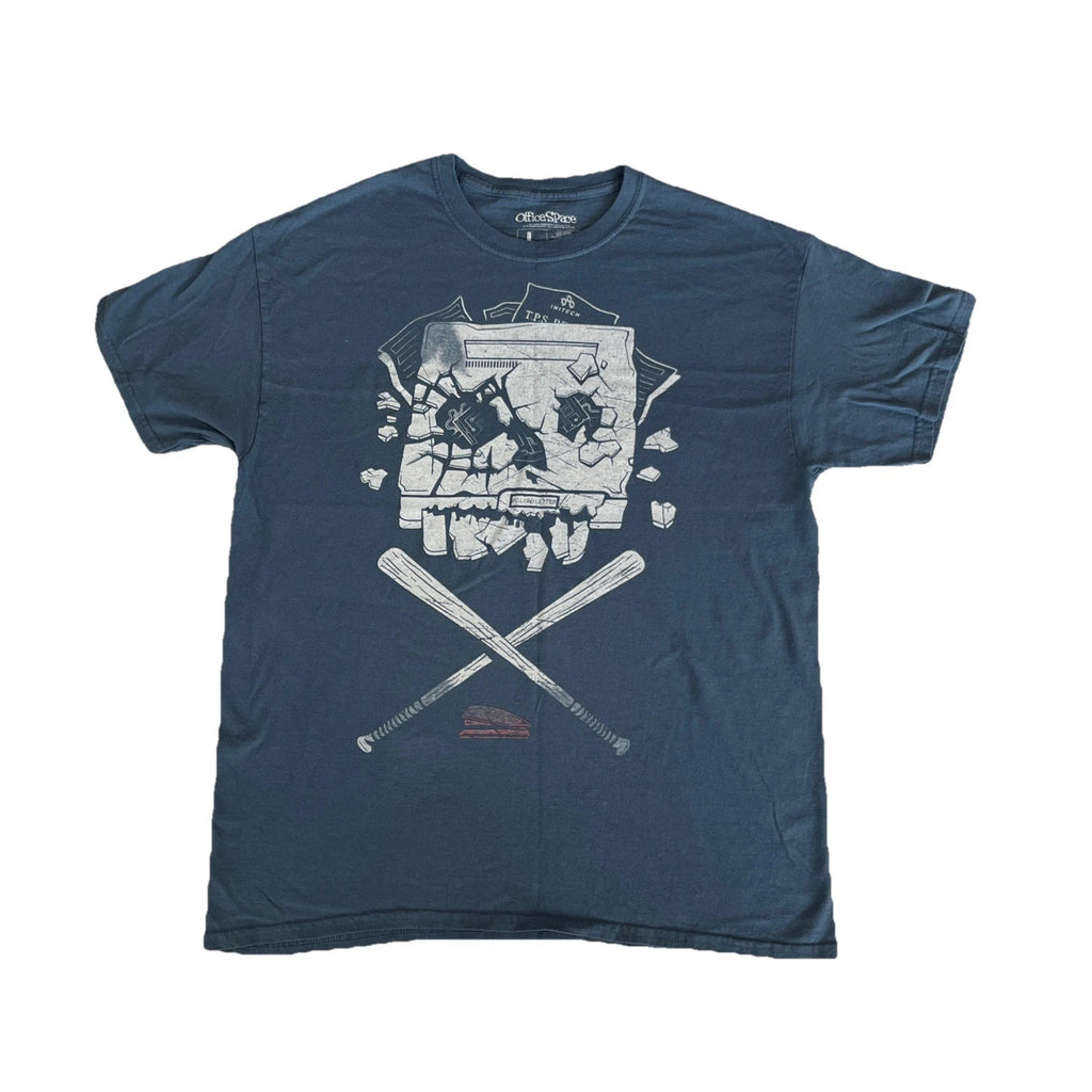Office Space Mens  T-Shirt- Crossed Bats Smashed Printer Pic Red Stapler Large