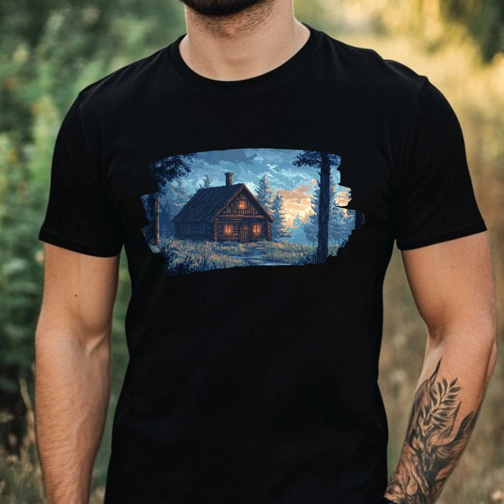 Mens Lumberjack Cabin Pixel Art Motif Cotton T-Shirt Size XS to 5XL