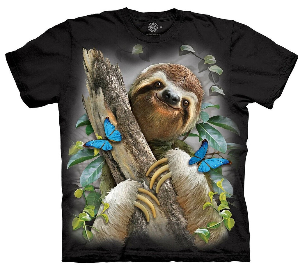 The Mountain Sloth Lazy Hanging Slow Butterflies Cotton Black Adult T-Shirt S-M
