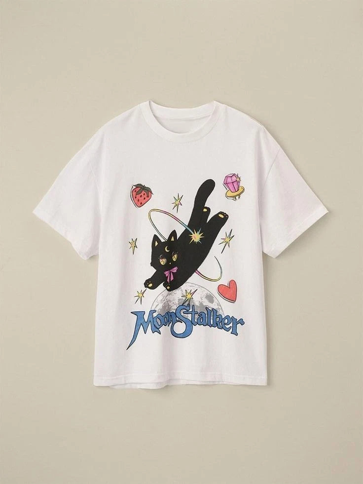 Moon Stalker Cat Cute Space Aesthetic Graphic T shirt