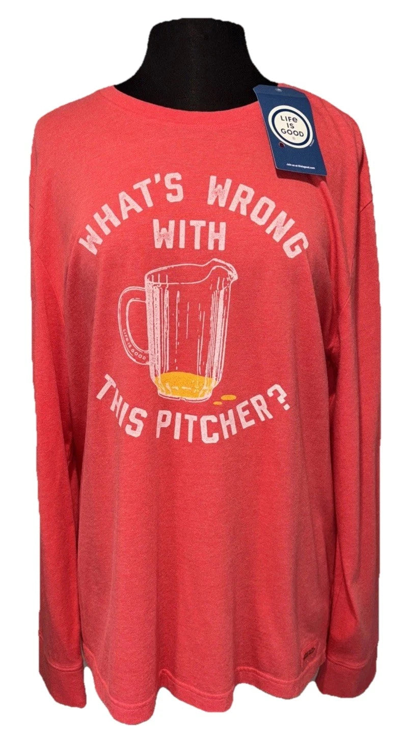 NEW Life is Good Wrong Pitcher Crusher T Men Large Red Long Sleeve Graphic Beer
