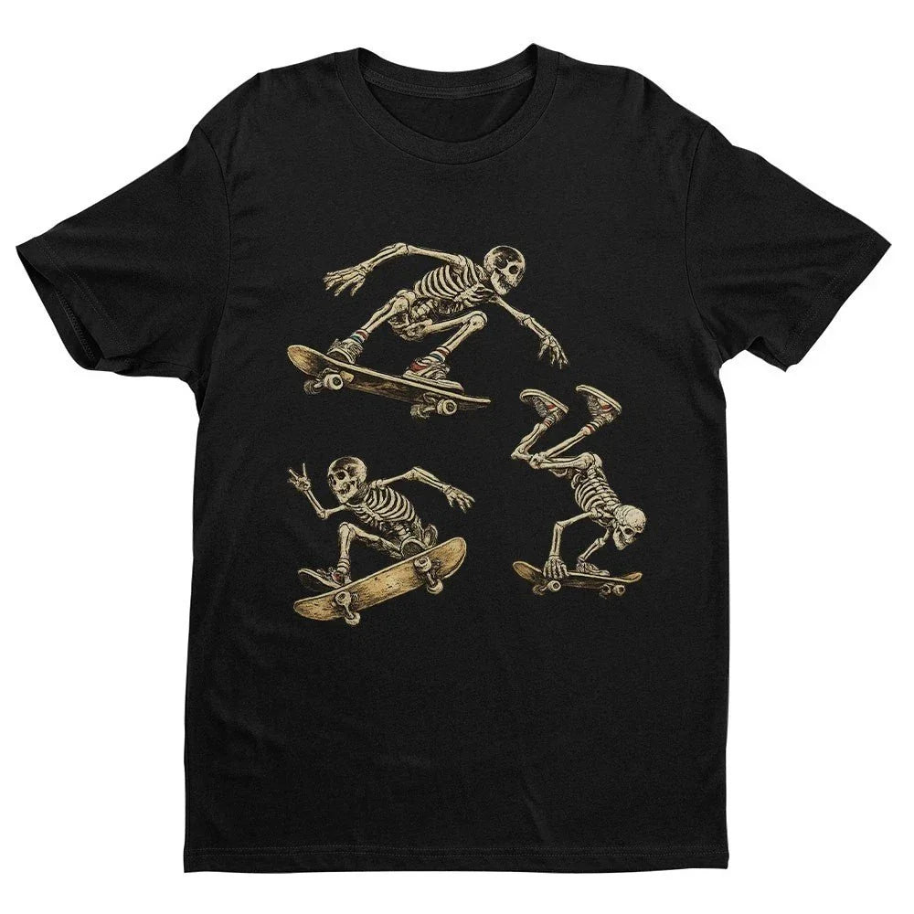 Skateboard Skeleton T-Shirt Funny Skating Graphic Tee Mens Black Cotton Top UK