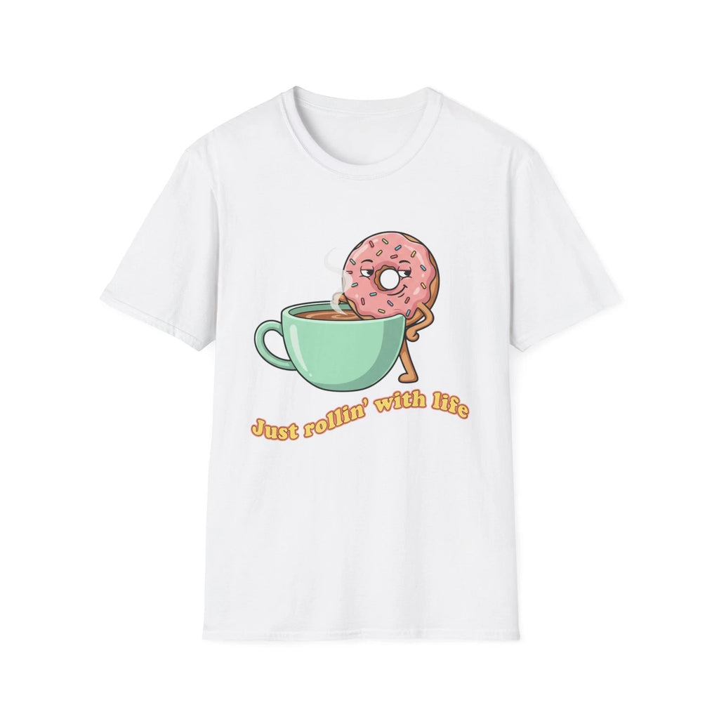 Donut Dipping in Coffee T-Shirt | Cute Pastry Illustration, 'Just rollin' [...]