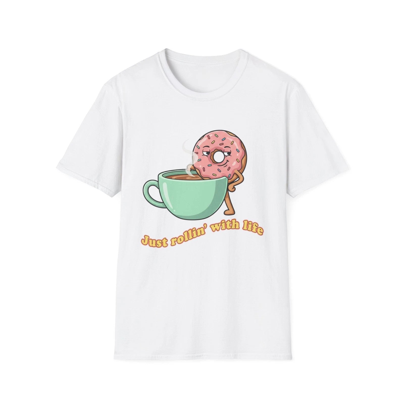 Donut Dipping in Coffee T-Shirt | Cute Pastry Illustration, 'Just rollin' [...]