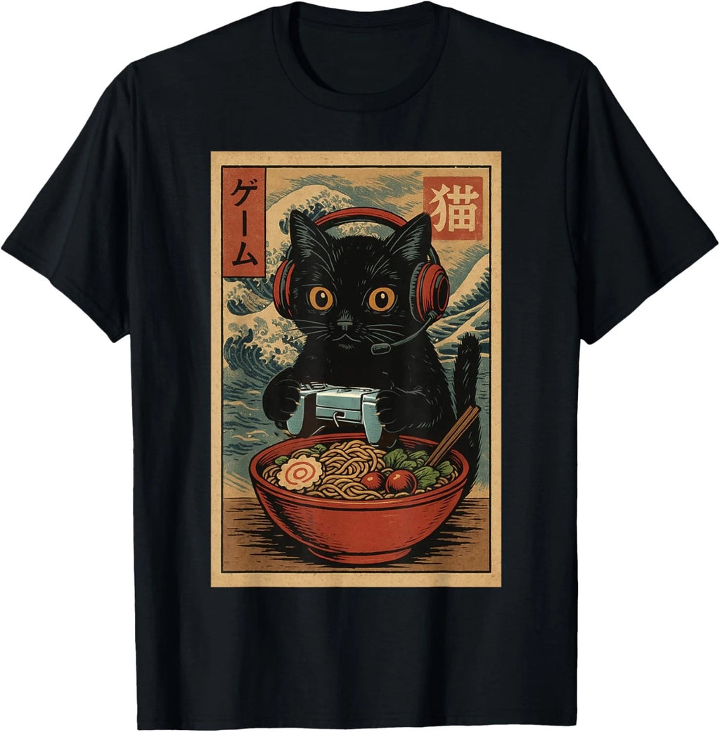 Cute Kawaii Gamer Cat Funny Ramen Retro Japanese Cat Gaming  unisex T-Shirt