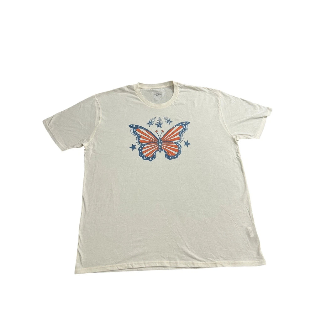 Butterfly Graphic Tee Mens 2XL Cream Patriotic Stars USA Casual Boho Shirt NWT