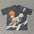 Bleach Anime Ichigo Streetwear Graphic Vintage Wash Heavyweight Cotton T-Shirt