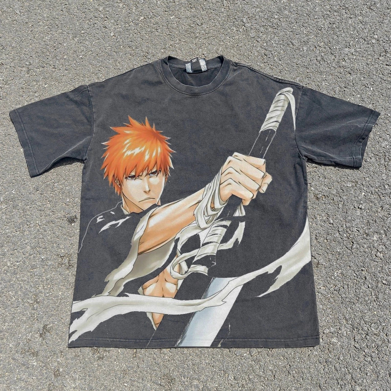 Bleach Anime Ichigo Streetwear Graphic Vintage Wash Heavyweight Cotton T-Shirt