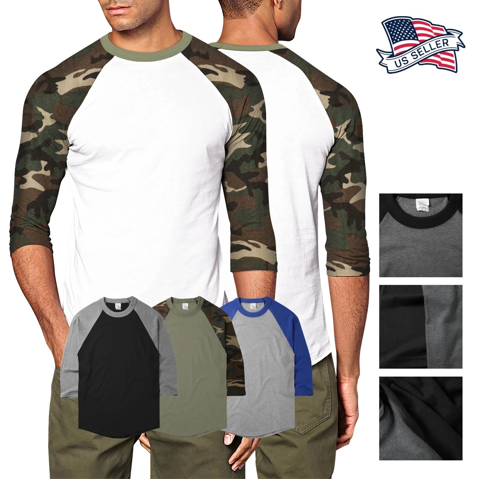 Mens Baseball Raglan T Shirts 3/4 Sleeve CAMO Tee Casual Basic Hipster Sports