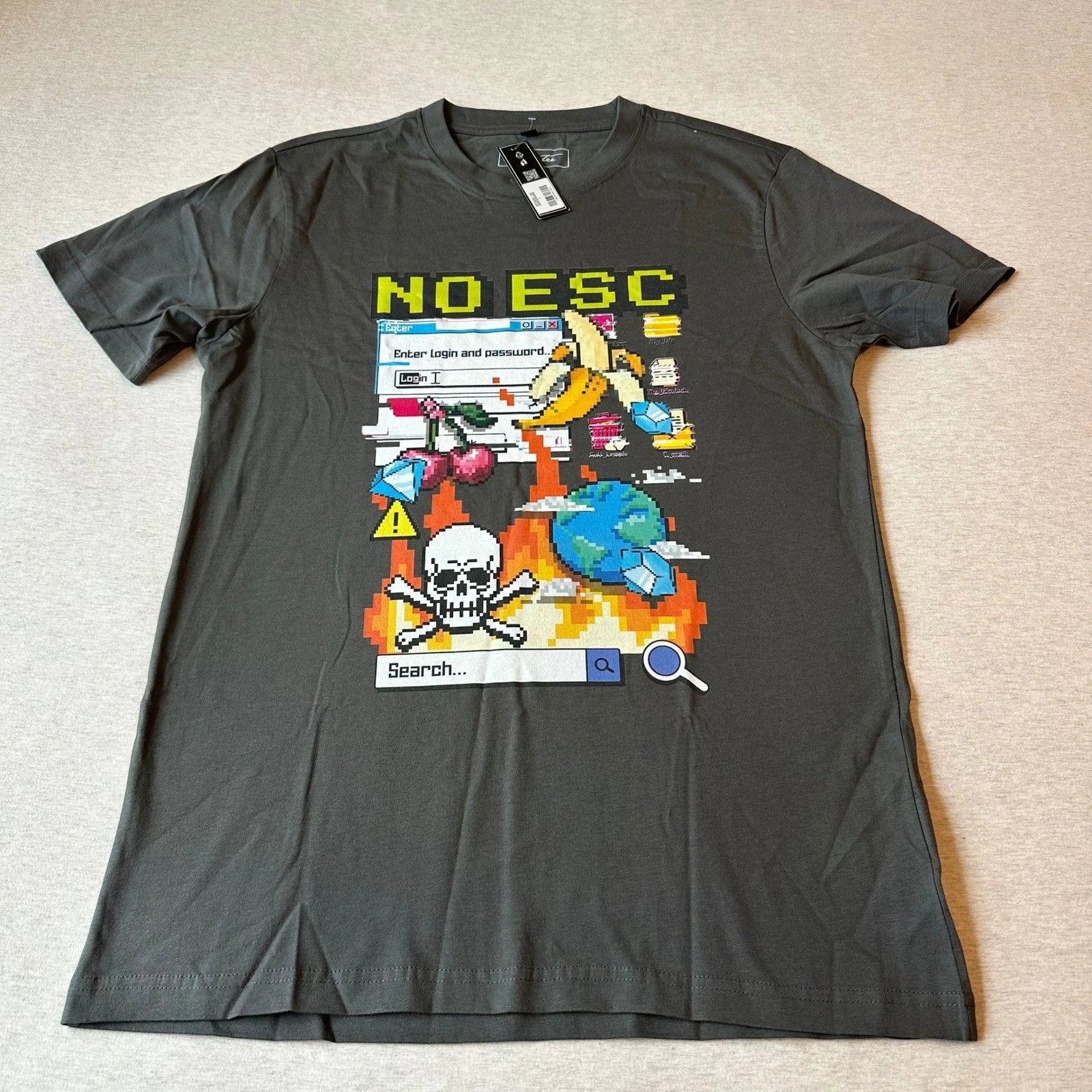Mister Tee Mens No Esc Pixel Art Graphic T-Shirt Charcoal Gray Size L NEW