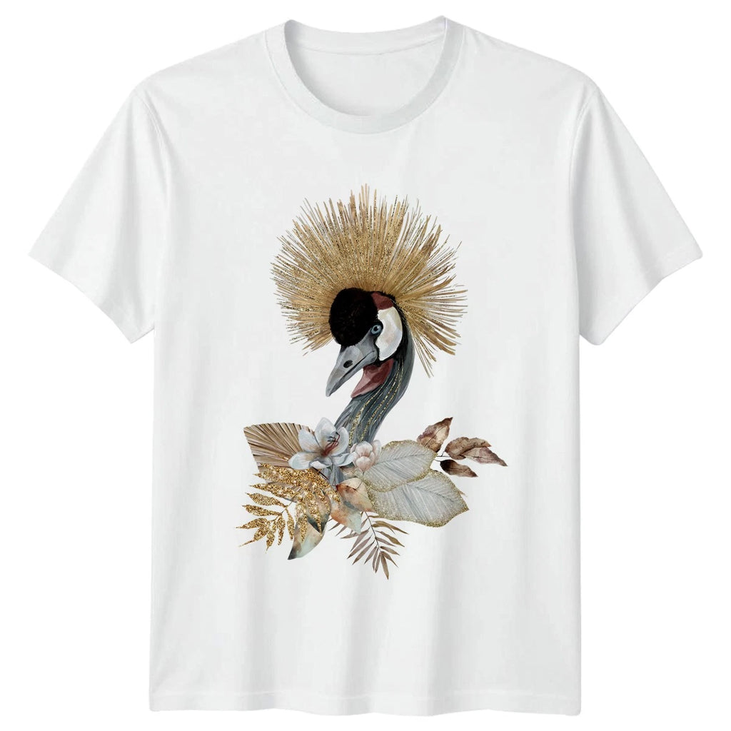 Gold Glitter Crowned Crane Bird Watercolor Womens T-Shirt Exotic Boho